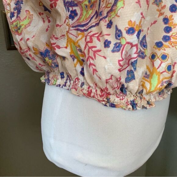 Free People Boho Off Shoulder Bell Sleeve Smocked Floral Blouse - Picture 9 of 14